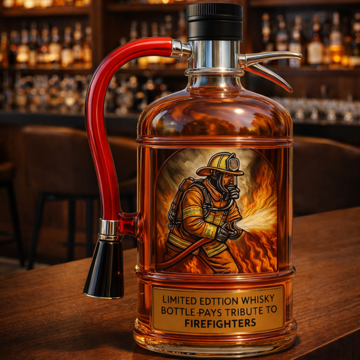 Antonia novelty fire extinguisher decanter, front view, standing upright on a dark surface.