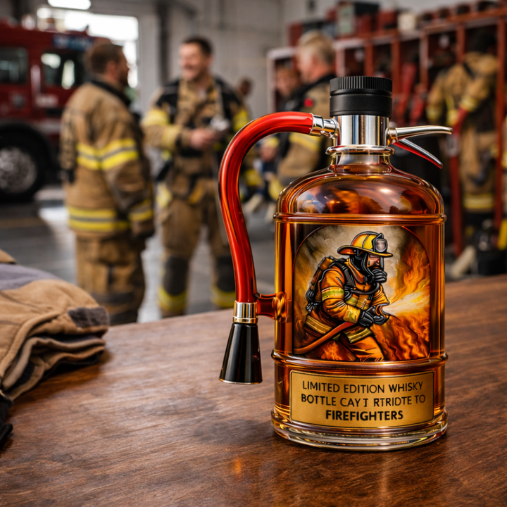 Close-up of the Antonia fire extinguisher decanter, showcasing the detailed nozzle and label design.