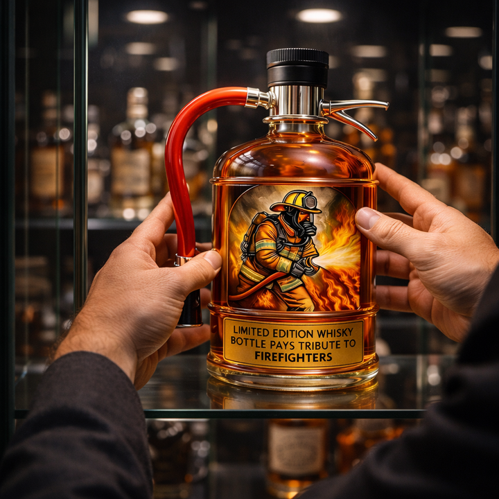 Antonia unique fire extinguisher decanter positioned next to a glass of amber liquid, emphasizing its use.
