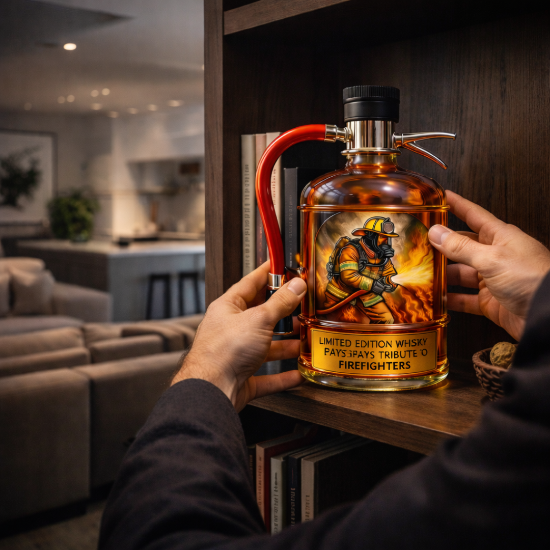 Antonia fire extinguisher decanter presented in a lifestyle setting on a wooden bar cart with other spirits.