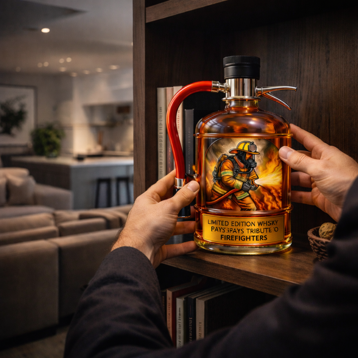 Antonia fire extinguisher decanter presented in a lifestyle setting on a wooden bar cart with other spirits.