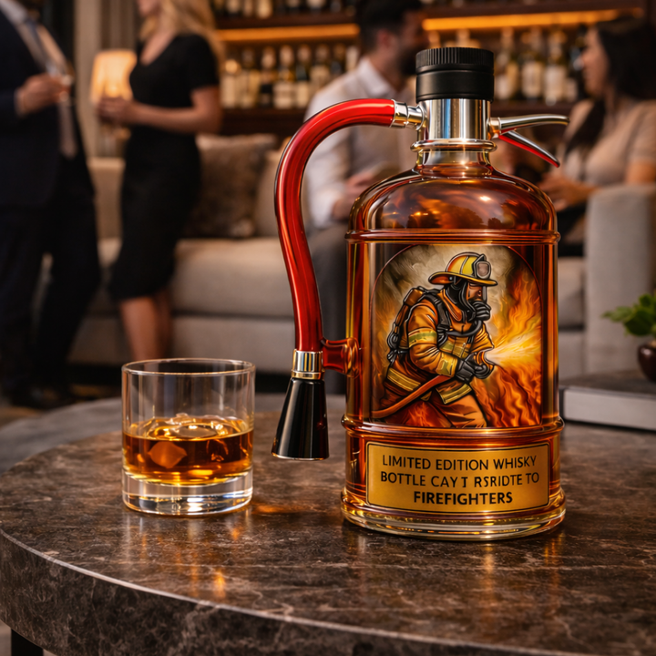 Antonia novelty decanter with a bottle of whisky in the background, illustrating its purpose clearly.