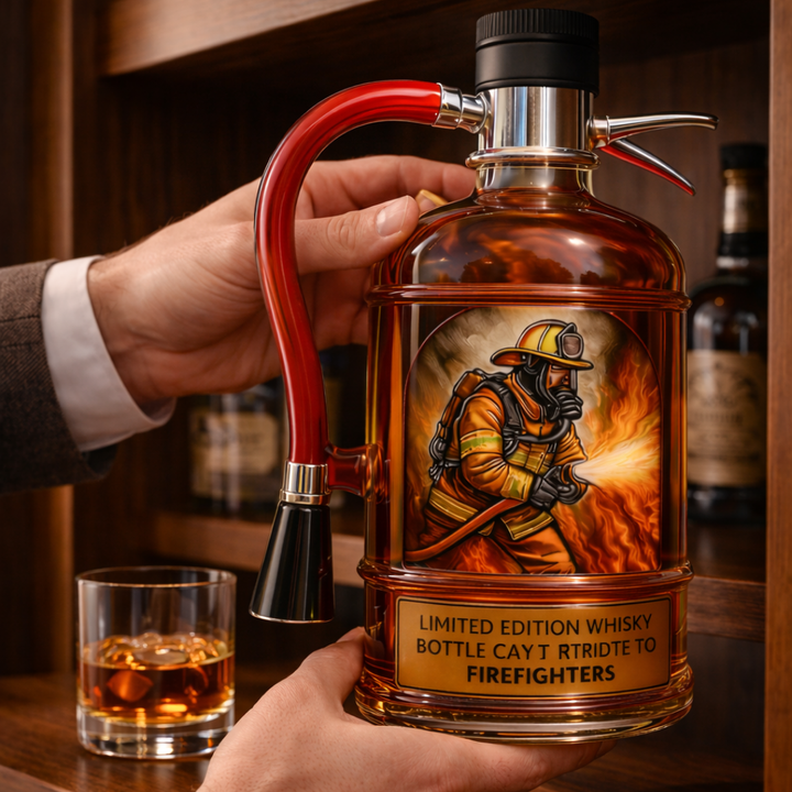 Angled view of the Antonia fire extinguisher decanter, capturing its unique silhouette and red finish.