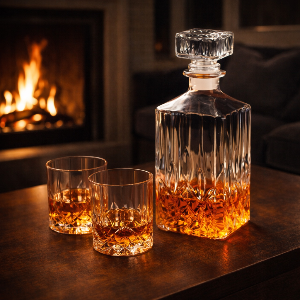 Anya elegant decanter set with a full decanter and two glasses on a dark reflective surface, showcasing its sophisticated design.