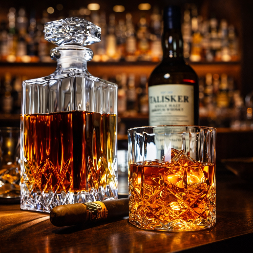 Close-up view of the crystal-clear glass decanter from the Anya set, highlighting its intricate stopper and refined silhouette.