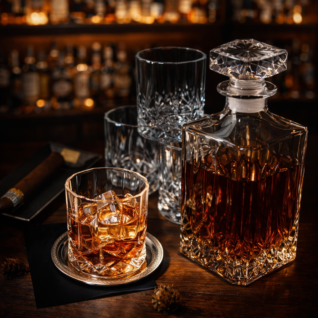 Lifestyle shot of the Anya elegant decanter set presented on a wooden bar cart, surrounded by other bar accessories, ready for serving.