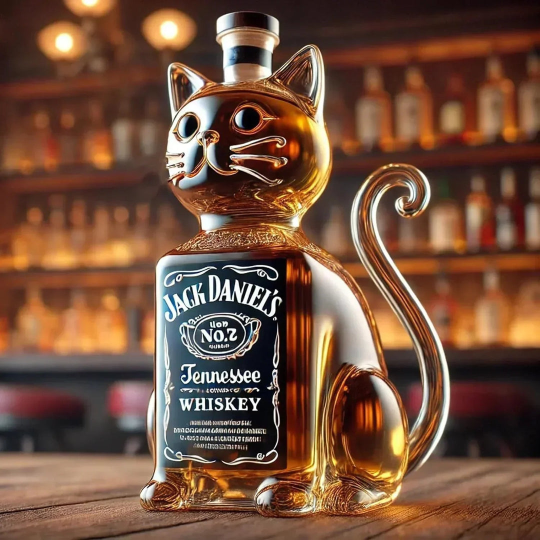 Front view of the Calandra cat whisky decanter, showcasing its sleek, elegant glass form on a dark surface.