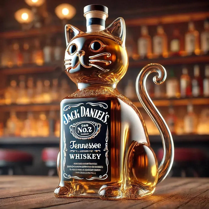 Front view of the Calandra cat whisky decanter, showcasing its sleek, elegant glass form on a dark surface.