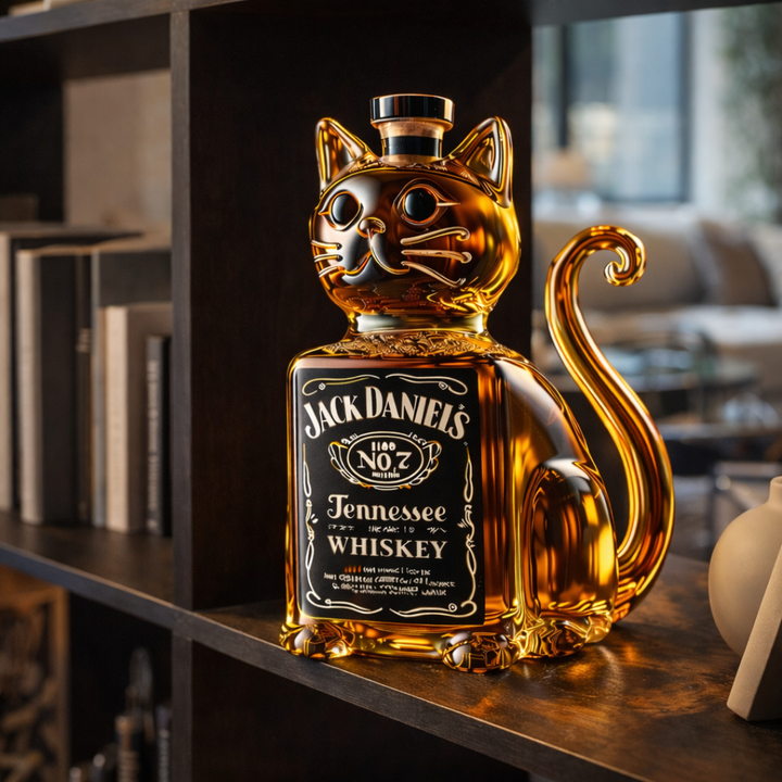 Close-up of the Calandra glass decanter's head, highlighting the intricate details of the feline design.