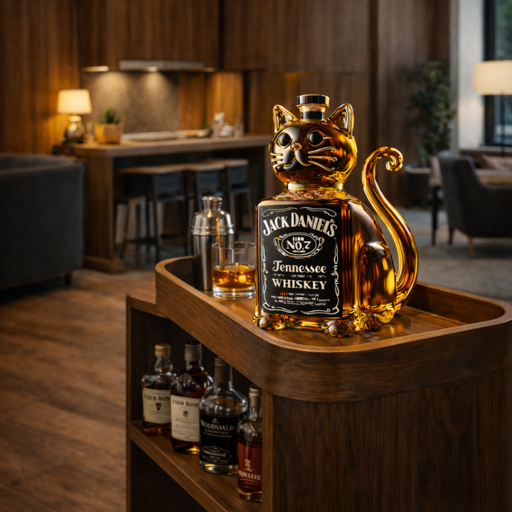 Calandra cat decanter positioned next to a glass of amber liquid, suggesting its intended use for spirits.