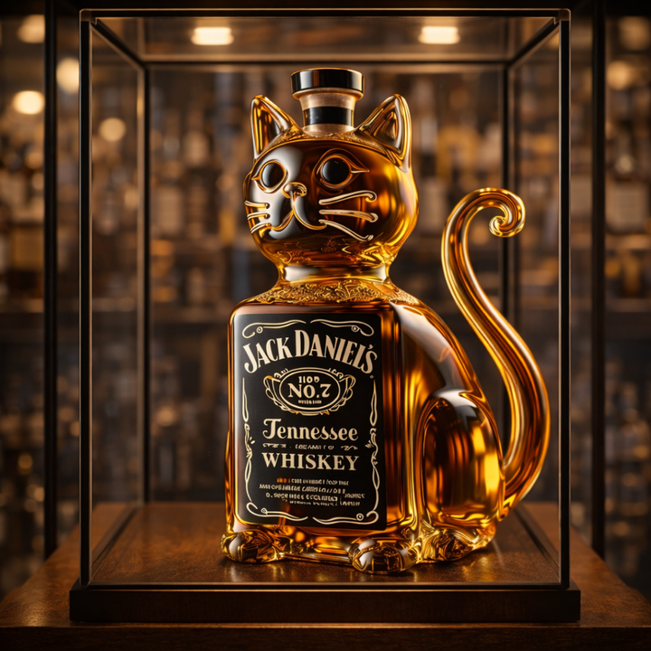Calandra elegant cat whisky decanter displayed in a refined home bar setting, adding a touch of sophistication.