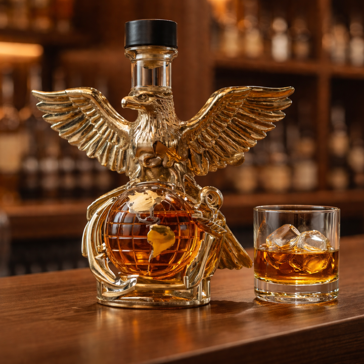Elegant Cassandra eagle whisky decanter, front view, showcasing the detailed sculptural design on a dark background.