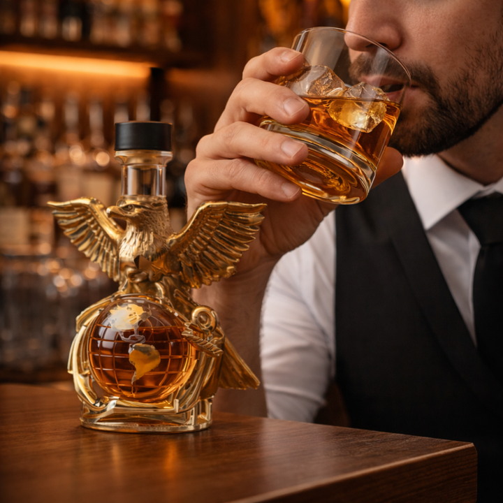 Close-up of the majestic eagle head on the Cassandra whisky decanter, highlighting its intricate feather details and powerful gaze.