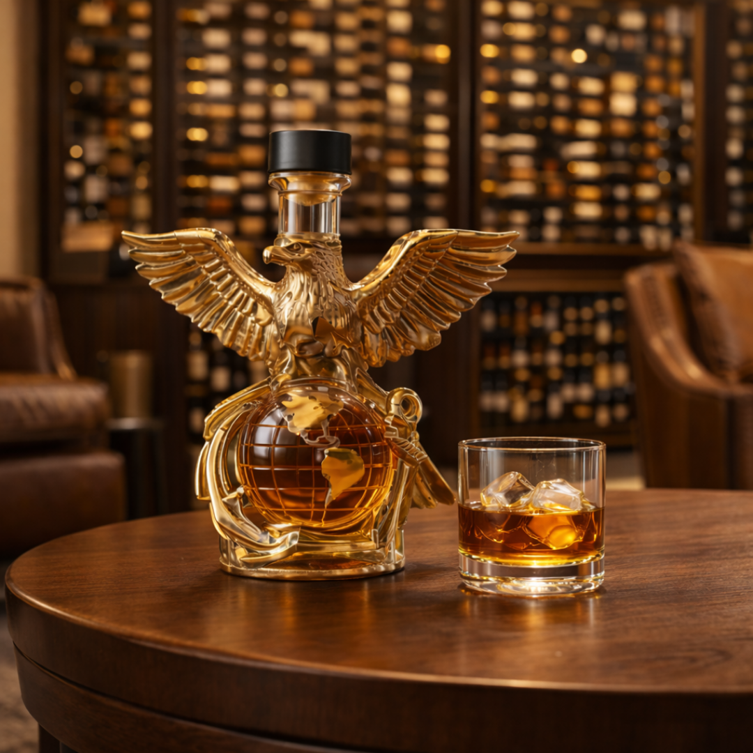 Side profile of the Cassandra decorative whisky decanter, emphasizing the graceful curve of the bottle and the eagle's stance.