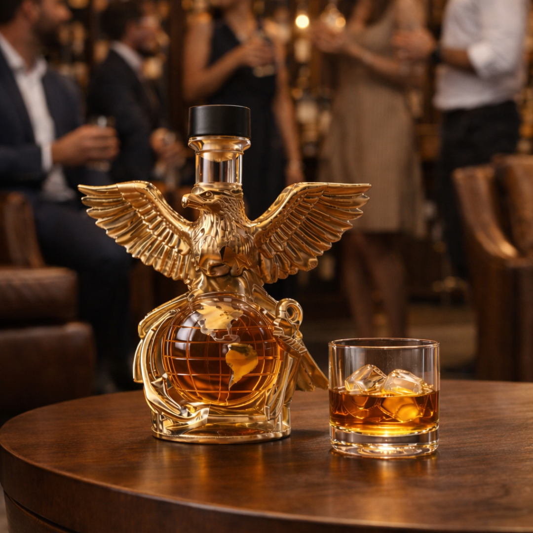 Top-down view of the Cassandra eagle whisky decanter, illustrating the overall shape and the stopper mechanism.