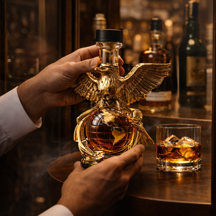 A hand holding the Cassandra decorative whisky decanter, giving a sense of its size and ergonomic feel.