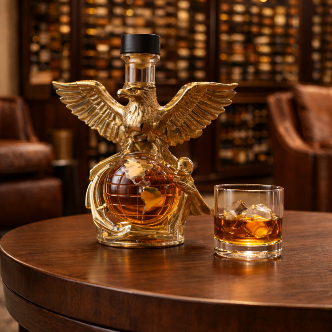 Angled shot of the Cassandra eagle whisky decanter with subtle backlighting, accentuating its artistic form and glass clarity.