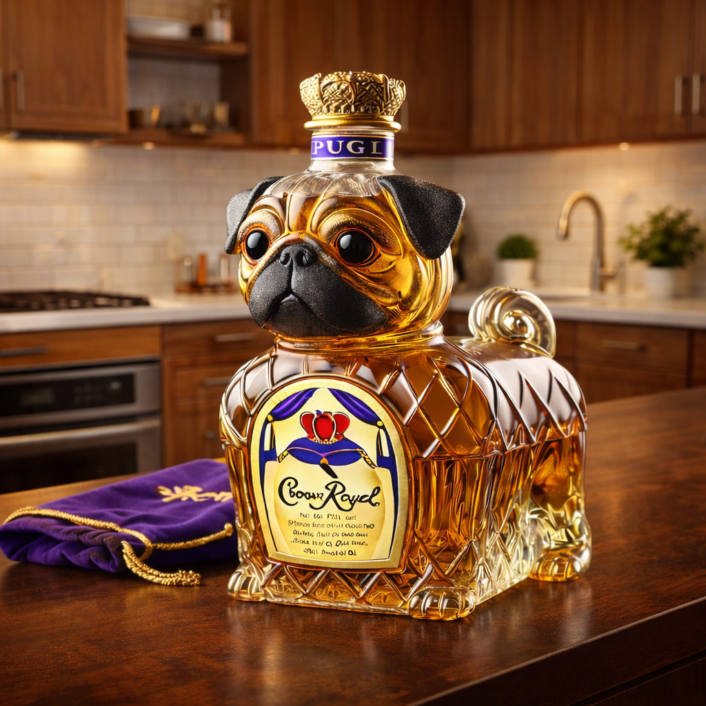 Lifestyle shot of the Colette French Bulldog whisky decanter displayed on a wooden bar cart with other spirits, creating an elegant ambiance.