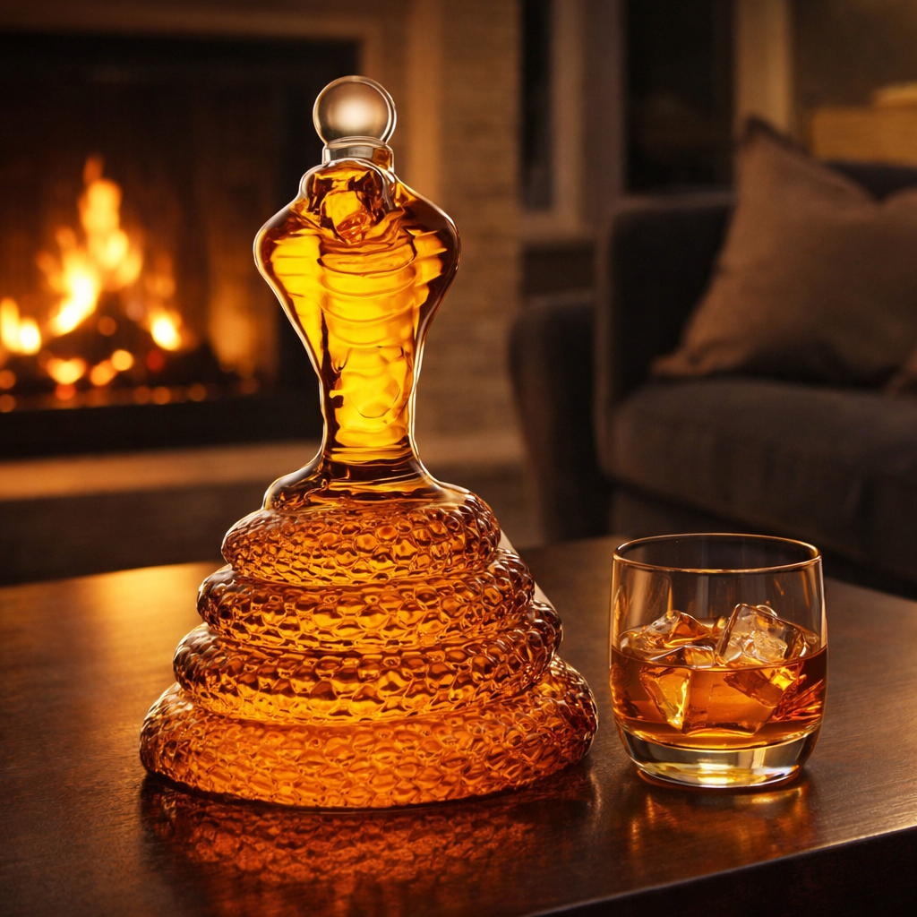 Drusilla cobra whiskey decanter showcasing its intricate head and coiled body design from a front-facing angle.