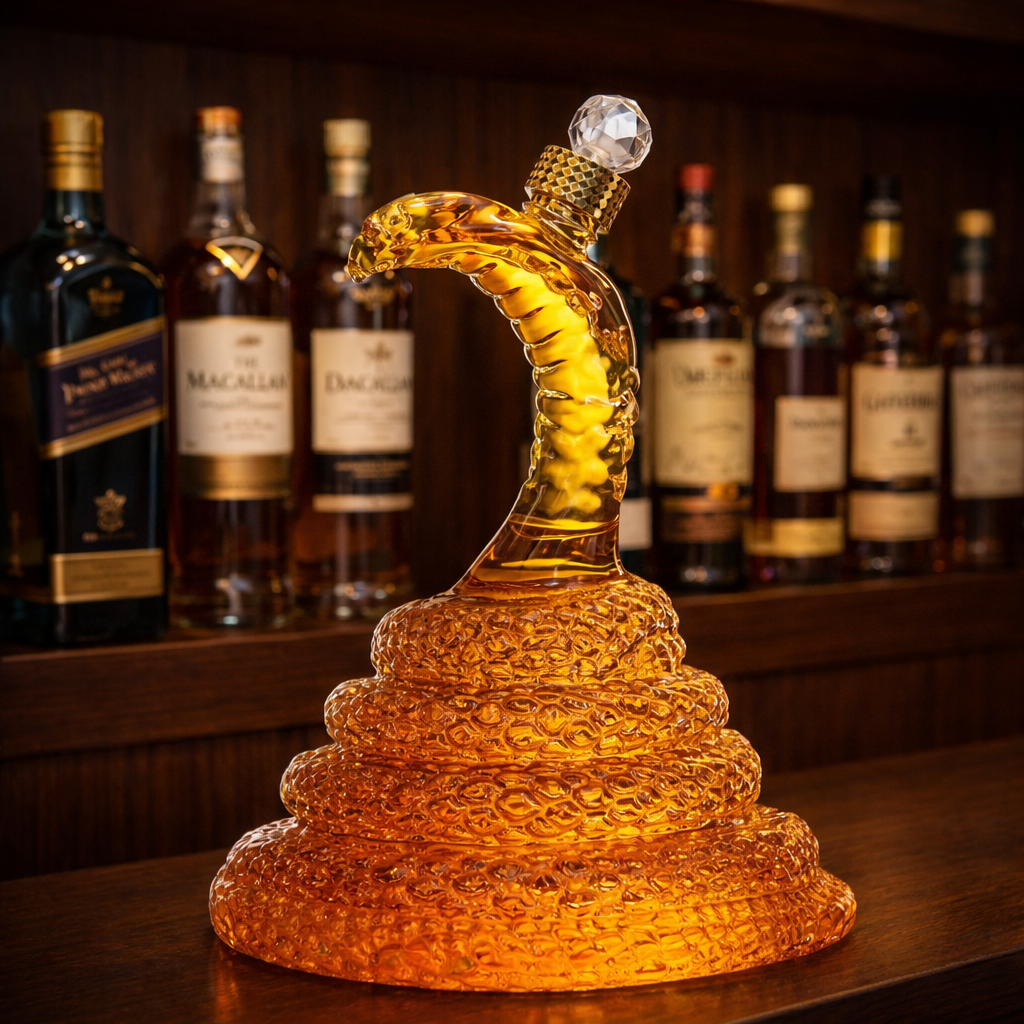 Close-up view of the Drusilla whiskey decanter's detailed glass craftsmanship and the texture of the cobra's scales.