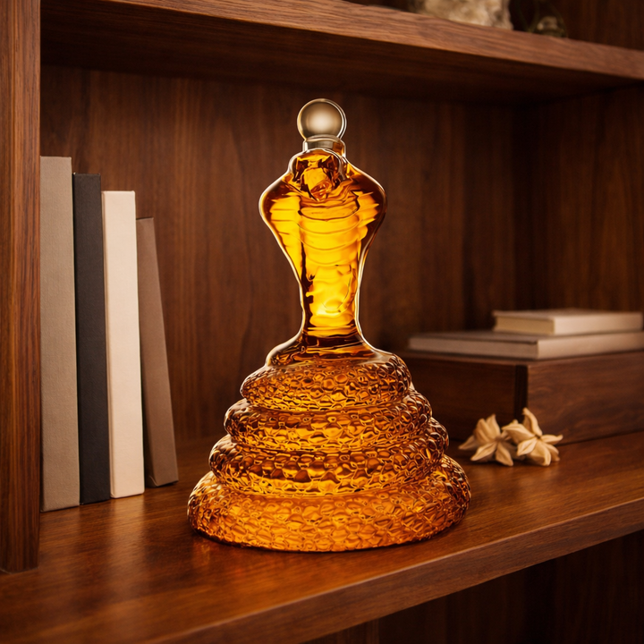 Lifestyle shot of the Drusilla cobra whiskey decanter filled with amber liquid, placed on a dark wooden bar counter.