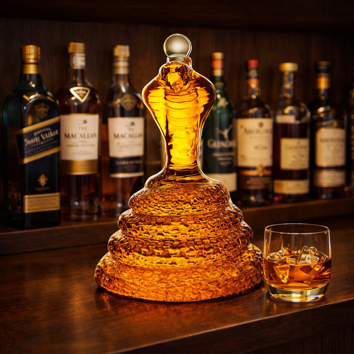 Side profile of the Drusilla whiskey decanter, highlighting its elegant curves and the graceful posture of the glass cobra.
