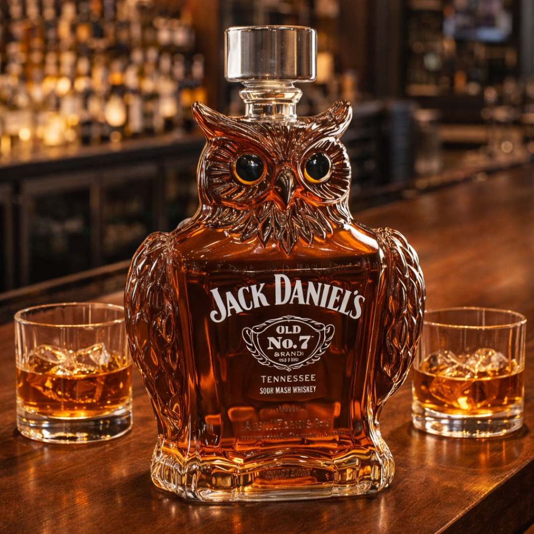 Front view of the exquisite Elara owl whiskey decanter, showcasing its intricate glass details.