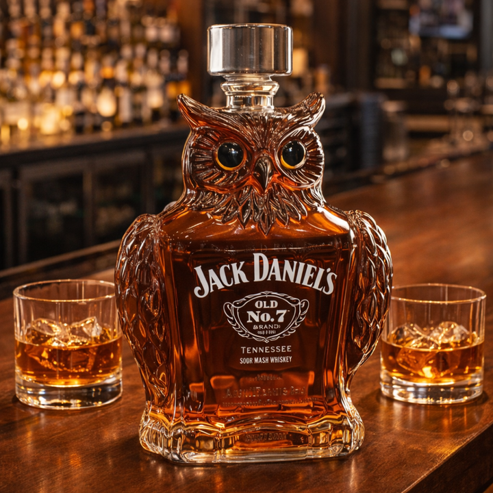 Front view of the exquisite Elara owl whiskey decanter, showcasing its intricate glass details.
