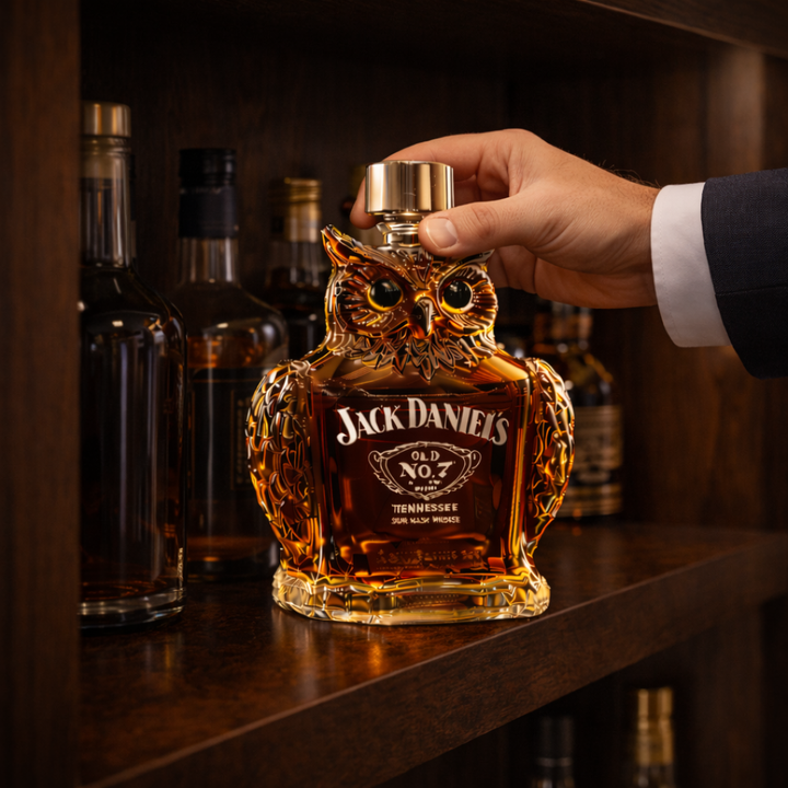 Close-up of the handcrafted glass owl whiskey decanter, highlighting the textured feather design.