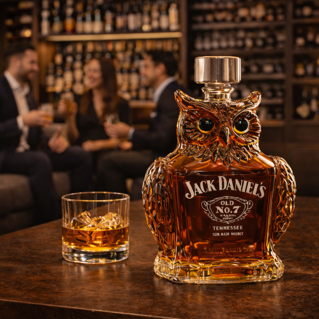 Elara owl whiskey decanter on a dark wooden shelf, filled with amber liquid, offering a sophisticated aesthetic.