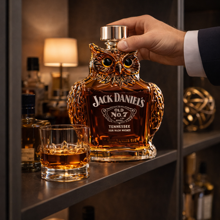 Side profile of the unique owl whiskey decanter, emphasizing its elegant silhouette and craftsmanship.