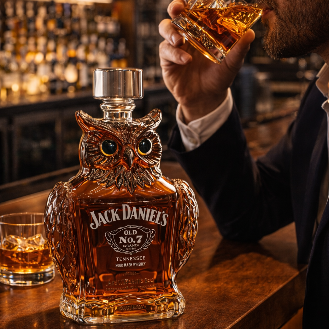 Top-down view of the Elara owl whiskey decanter, revealing the stopper and opening for spirits.