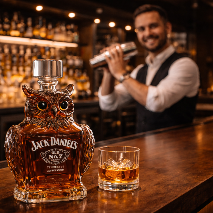 Lifestyle shot of the owl whiskey decanter placed on a bar cart with other glassware and accessories.