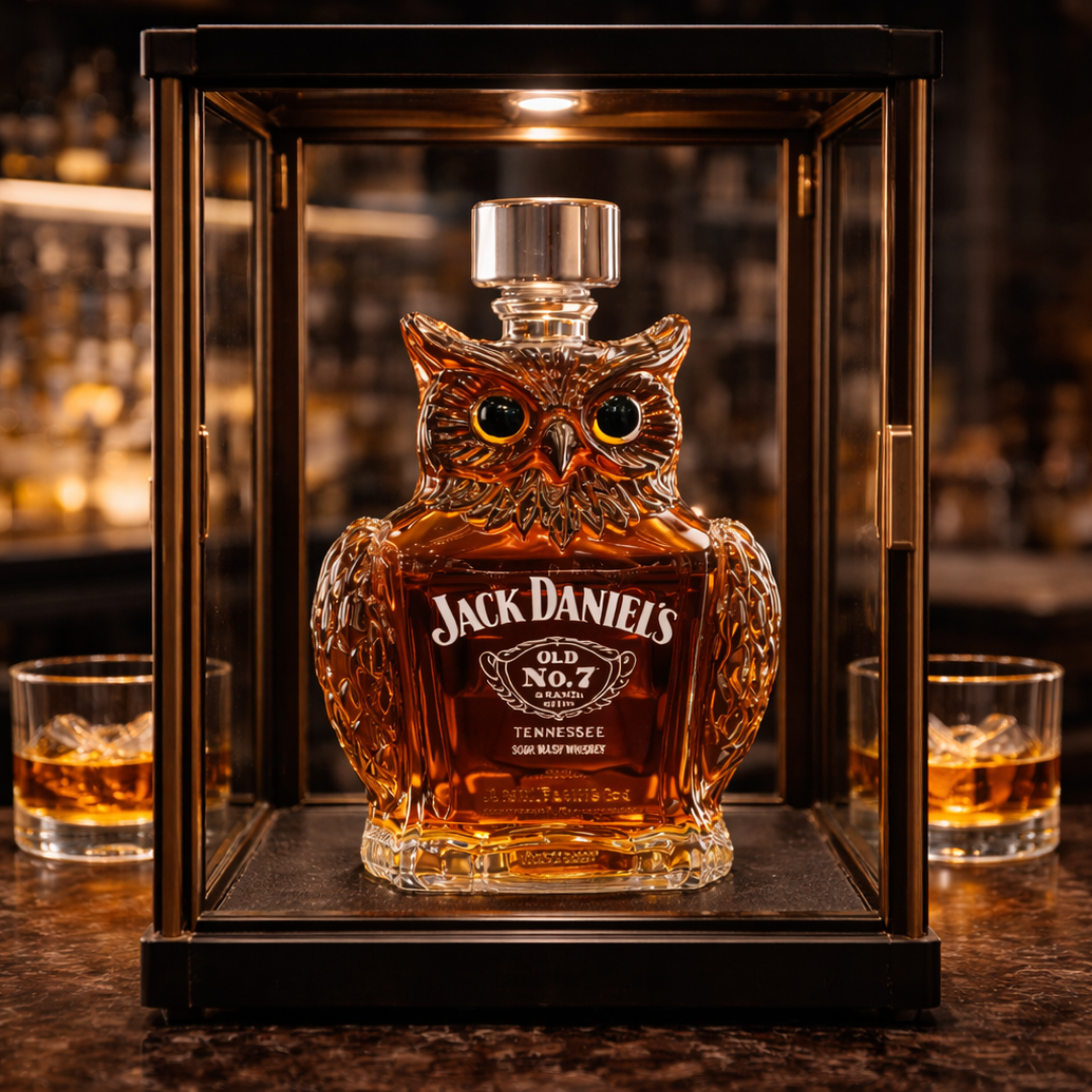 Packaging of the Elara owl whiskey decanter, hinting at the delightful experience of unboxing this collectible item.