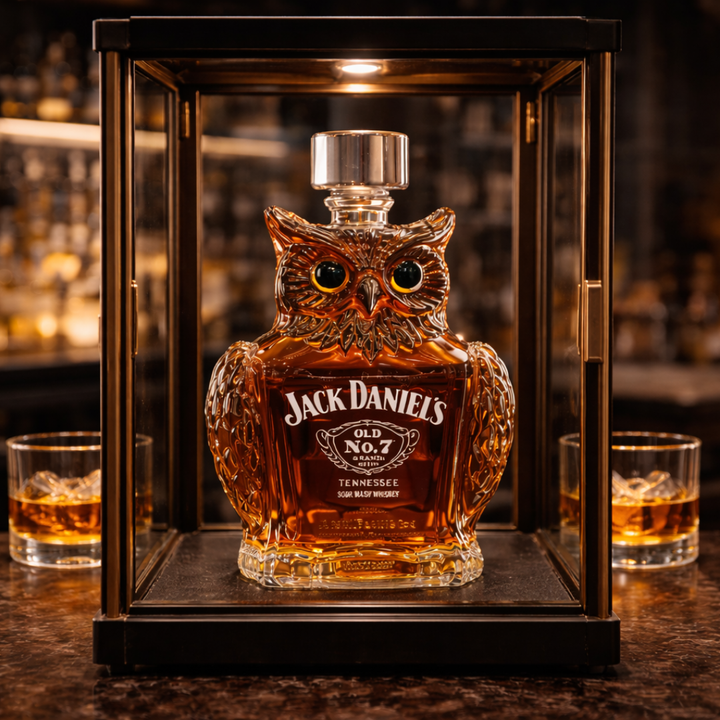 Packaging of the Elara owl whiskey decanter, hinting at the delightful experience of unboxing this collectible item.