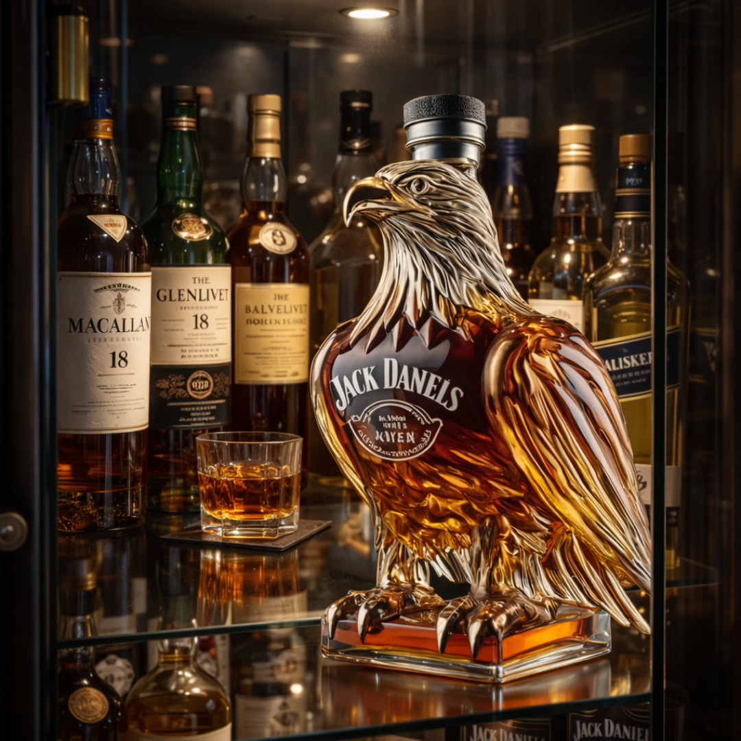 Front view of the Evanthe Jack Daniel's collectible whiskey decanter, showcasing the detailed eagle sculpture.
