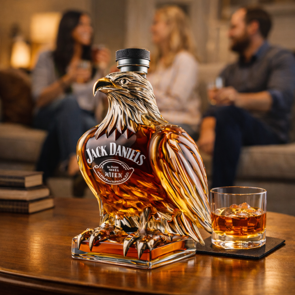 Side profile of the Evanthe decanter, highlighting the ergonomic shape and artistic glasswork for a unique collectible.