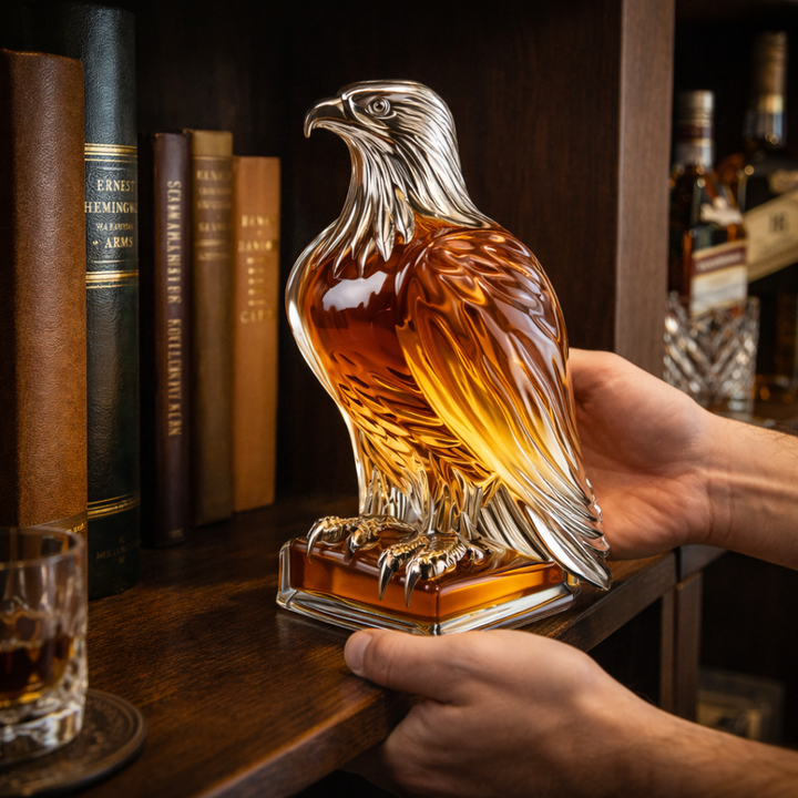 Close-up of the eagle head on the Evanthe Jack Daniel's whiskey decanter, emphasizing the intricate craftsmanship and texture.