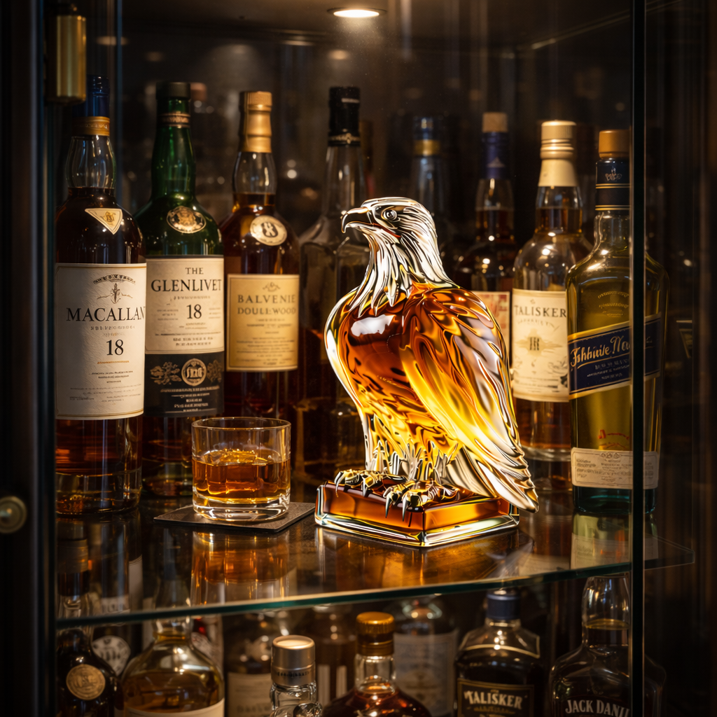 Evanthe collectible whiskey decanter displayed on a wooden surface, suggesting its elegance and premium presentation.