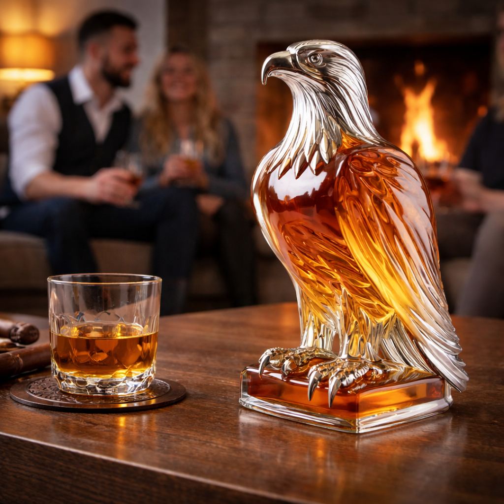 Lifestyle shot of the Evanthe Jack Daniel's collectible whiskey decanter positioned next to a glass of whiskey, evoking a sense of luxury.