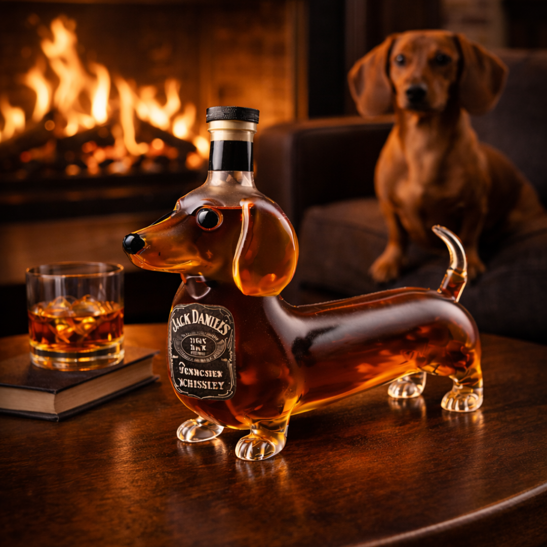 Front view of the Isolde dachshund whiskey decanter, showcasing its charming canine silhouette on a light background.