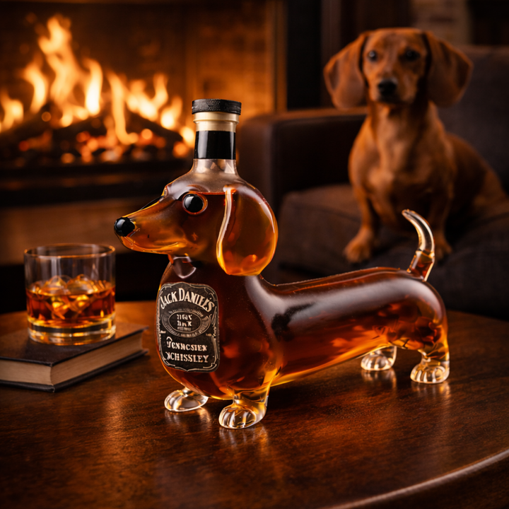 Front view of the Isolde dachshund whiskey decanter, showcasing its charming canine silhouette on a light background.