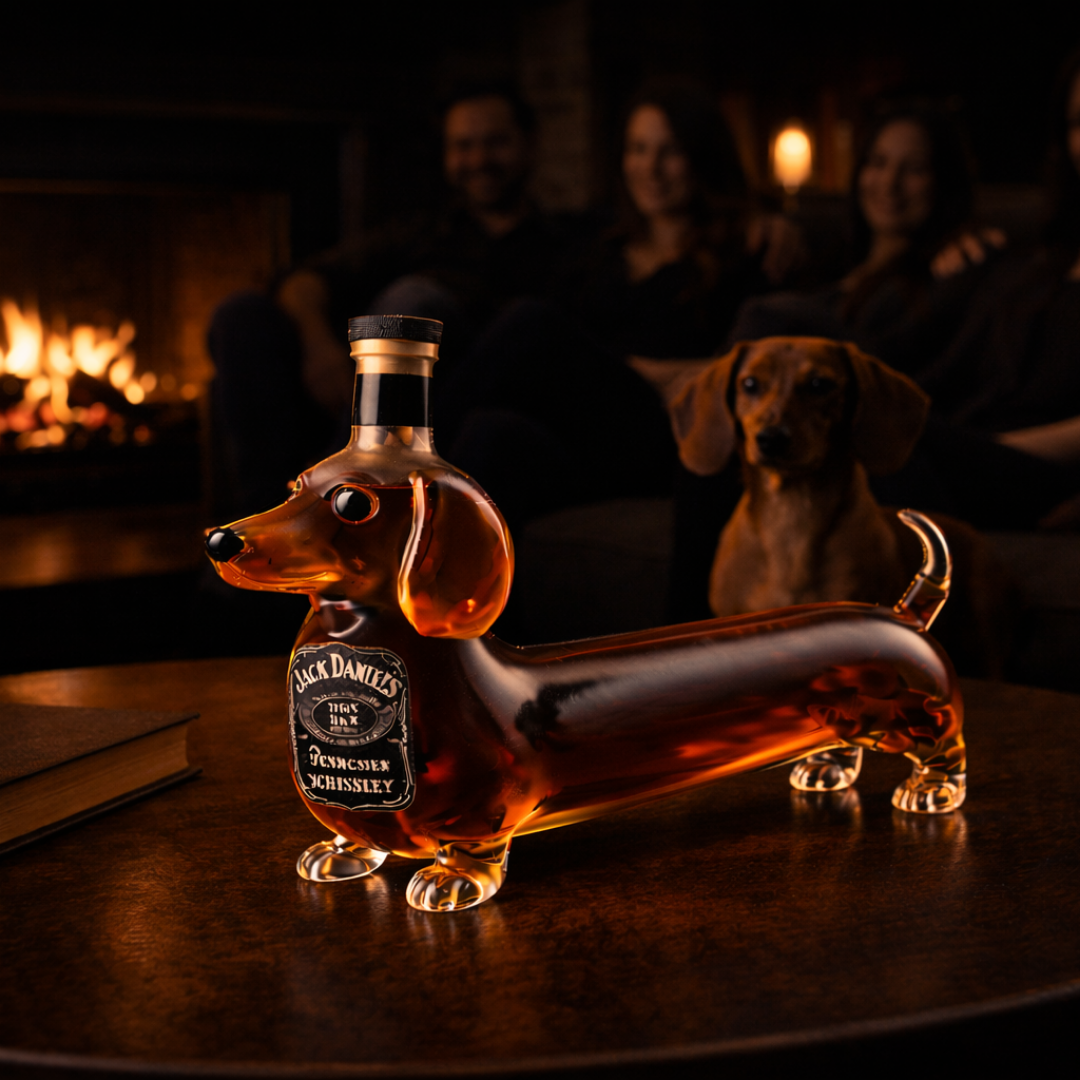 Angled shot of the glass dachshund decanter, highlighting its smooth contours and intricate design details.