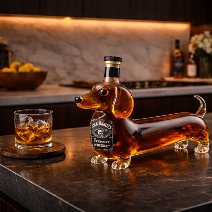 The Isolde whiskey decanter filled with amber liquid, placed on a dark wooden surface, emphasizing its functional beauty.
