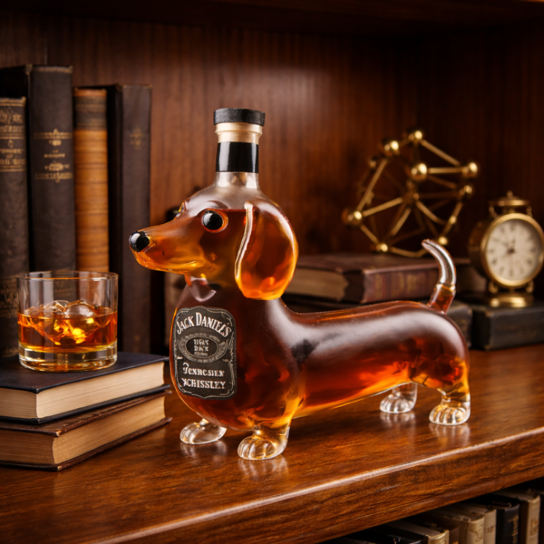 Close-up detail of the dachshund's head on the decanter, showing the craftsmanship and clear glass texture.