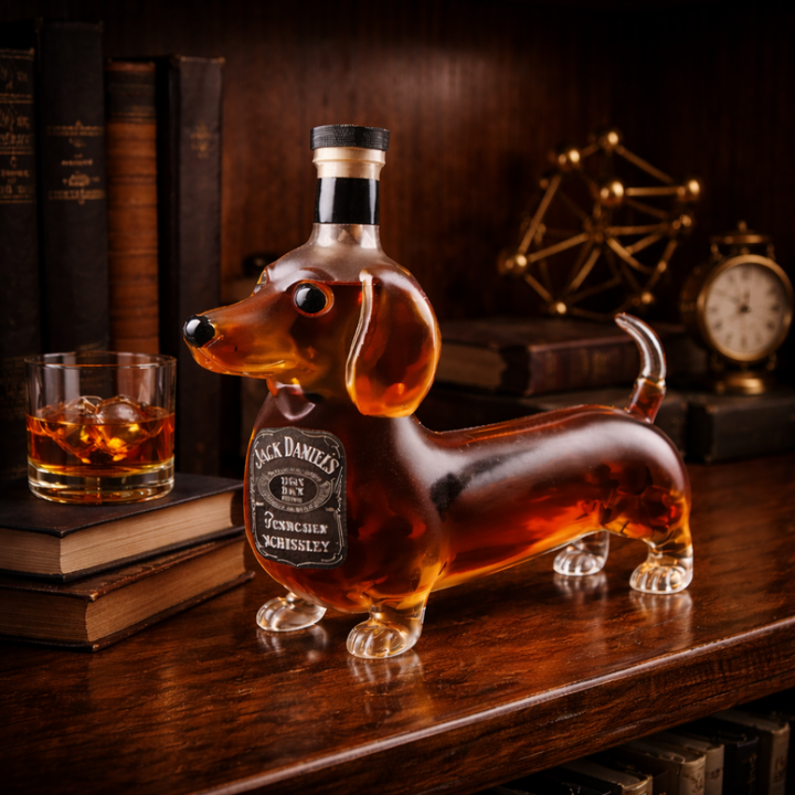 Lifestyle image of the Isolde decanter on a bar cart with other whiskey accessories, suggesting elegant entertaining.