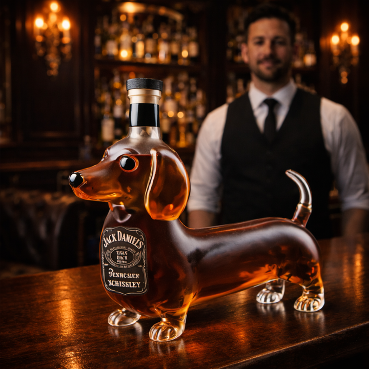 Side profile of the unique dachshund whiskey decanter, illustrating its elongated body and playful tail.