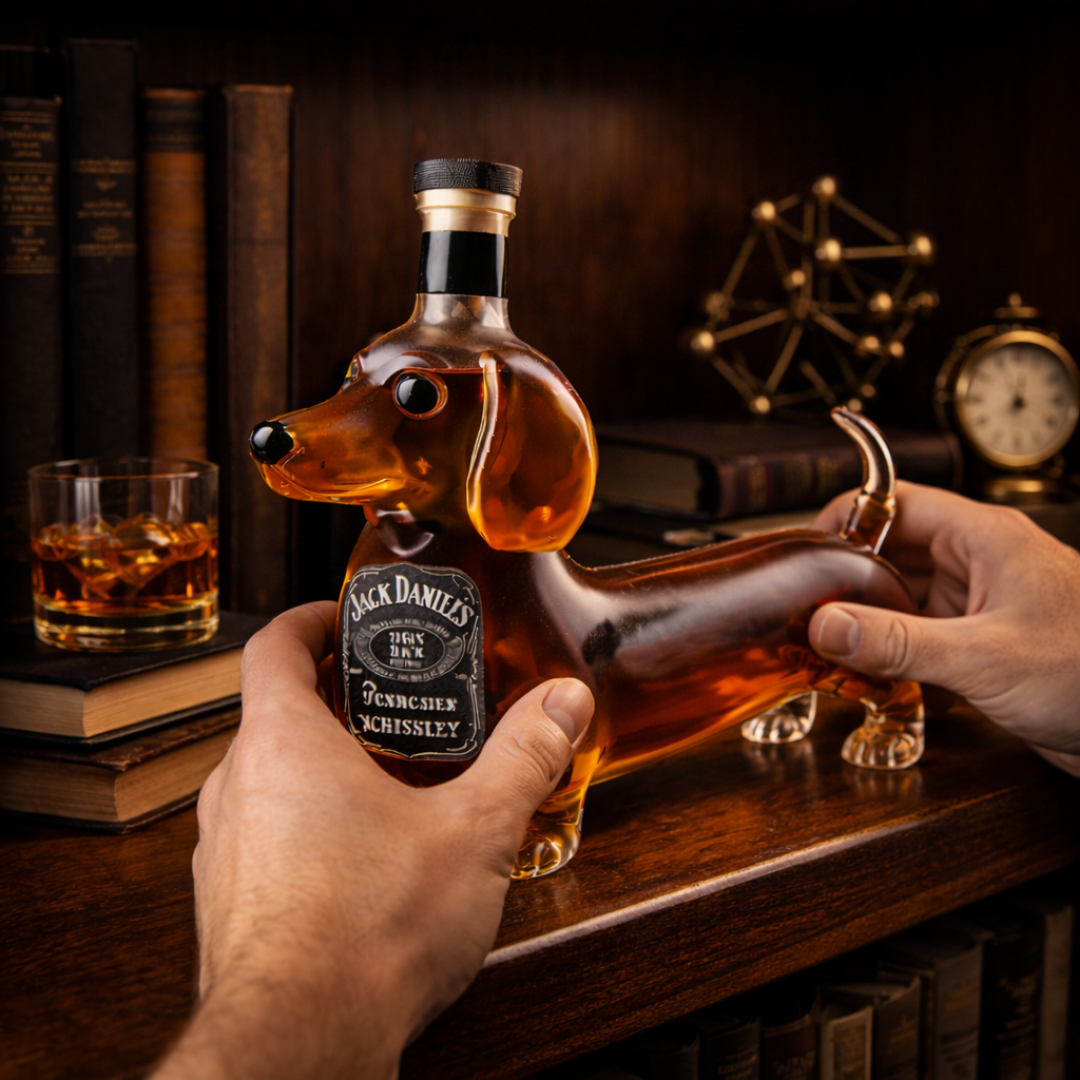 The Isolde dachshund whiskey decanter presented in simple, protective packaging, ready for gifting.