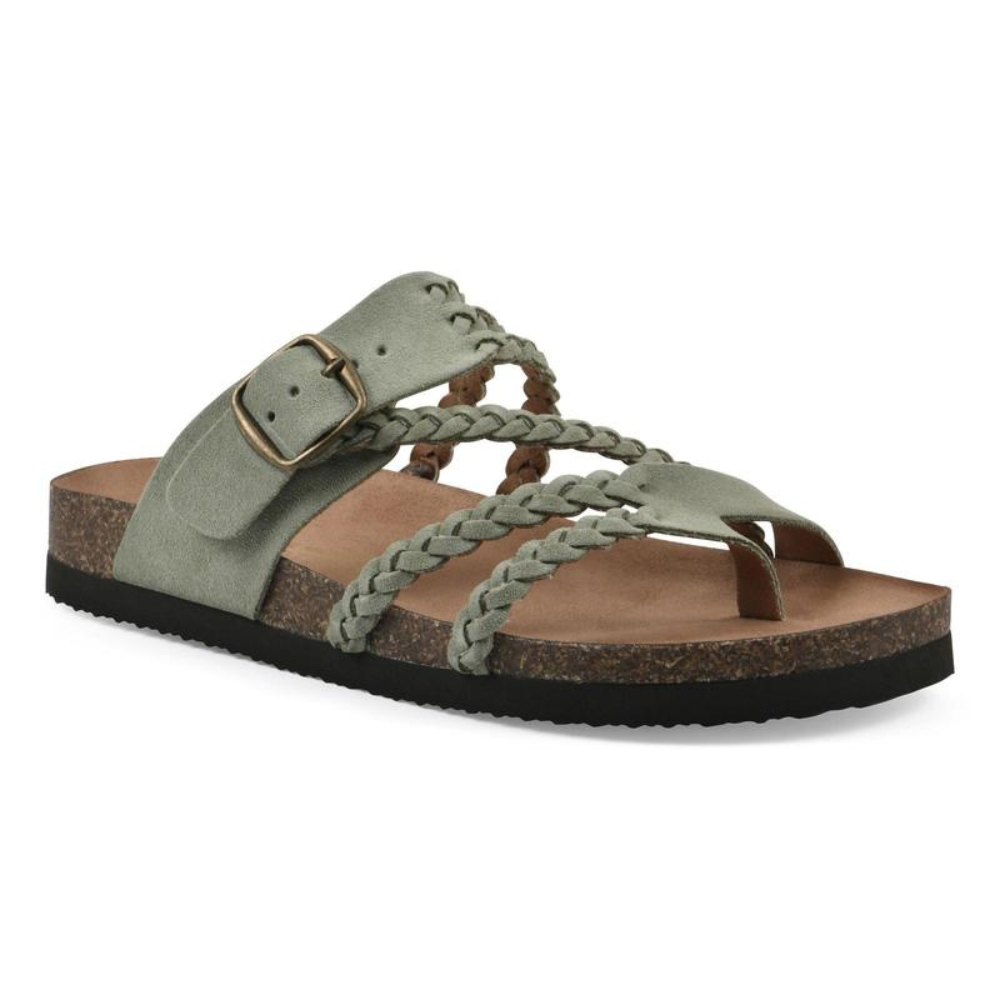 Overhead view of Kaelen braided cork sandals in a neutral tone, showcasing the intricate strap pattern.