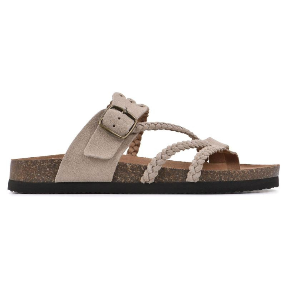 Close-up of the adjustable gold-tone buckle on the Kaelen braided cork sandals, against a light background.